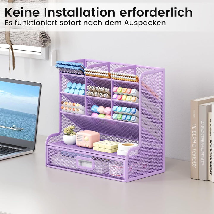 VITVITI Schreibtisch Organizer, 9 Fächer Stiftehalter mit Schublade, Netz Stifte Regal aus Metall, S