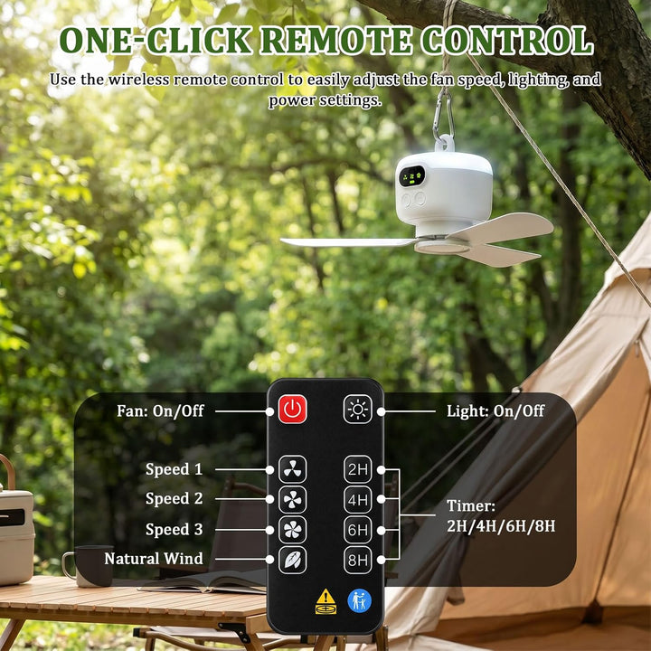 Mini Deckenventilator mit Beleuchtung und Fernbedienung für Camping | Wiederaufladbar 8000mAh Campin