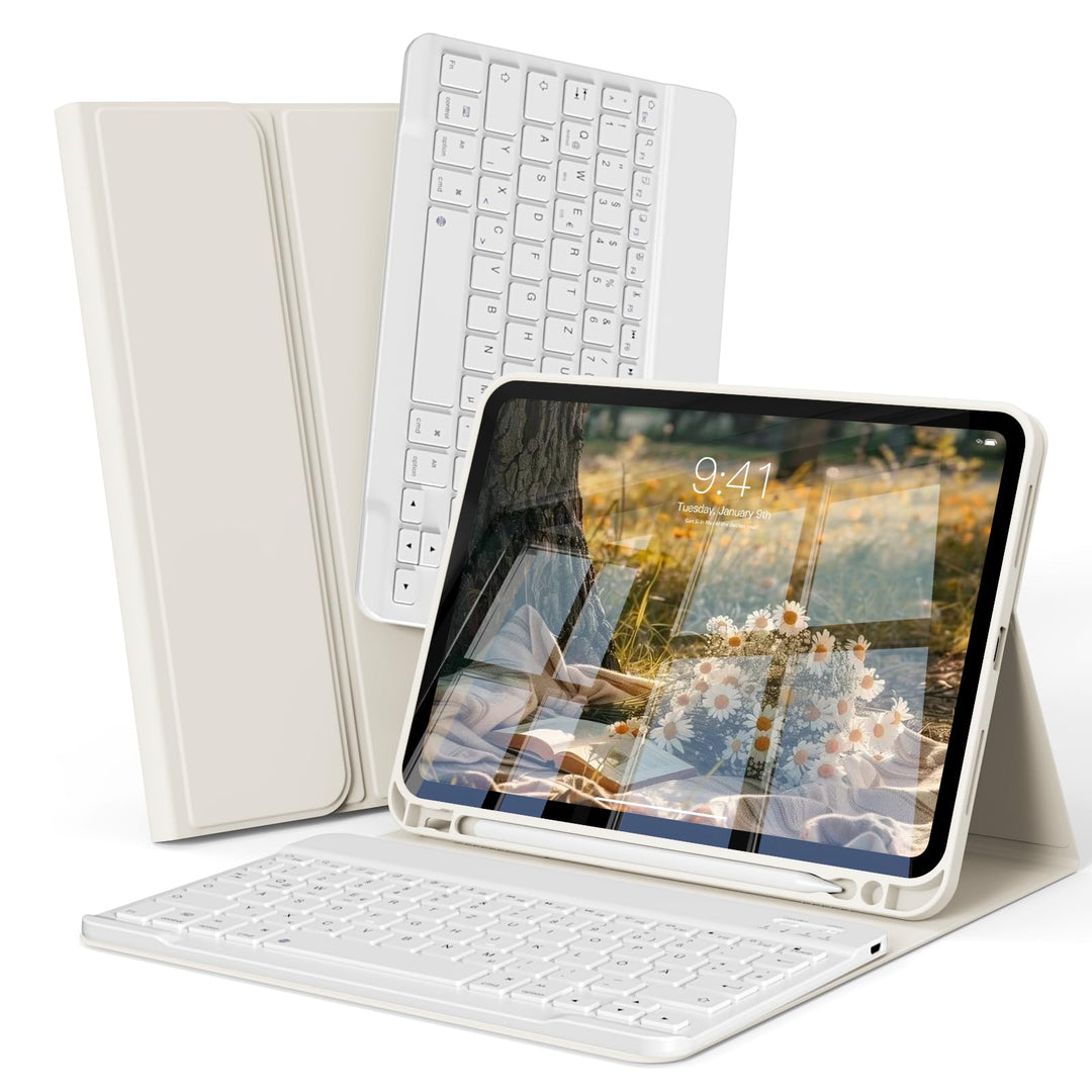 Hülle mit Tastatur für iPad A16 11./10. Gen 11/10.9 Zoll, Cremeweiss | mit Stifthalte, Magnetisch Ab