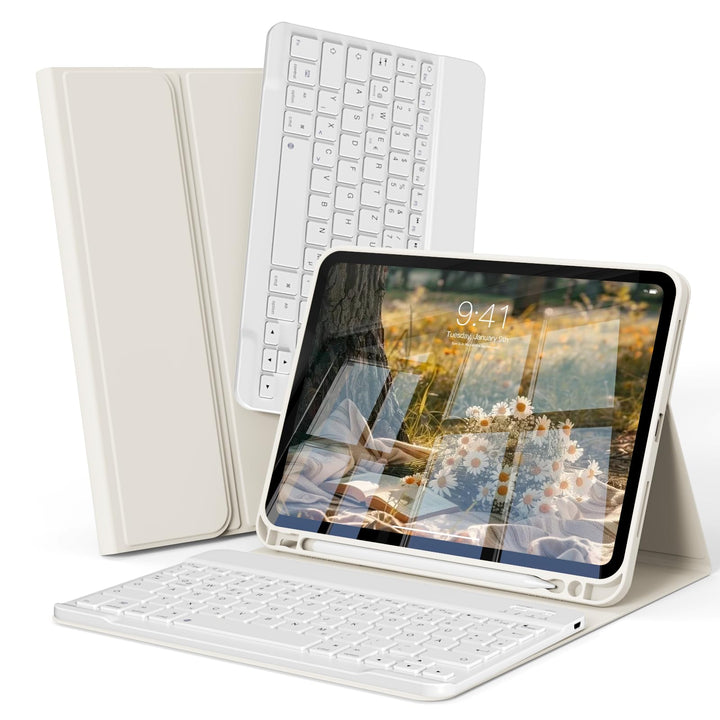 Hülle mit Tastatur für iPad A16 11./10. Gen 11/10.9 Zoll, Cremeweiss | mit Stifthalte, Magnetisch Ab