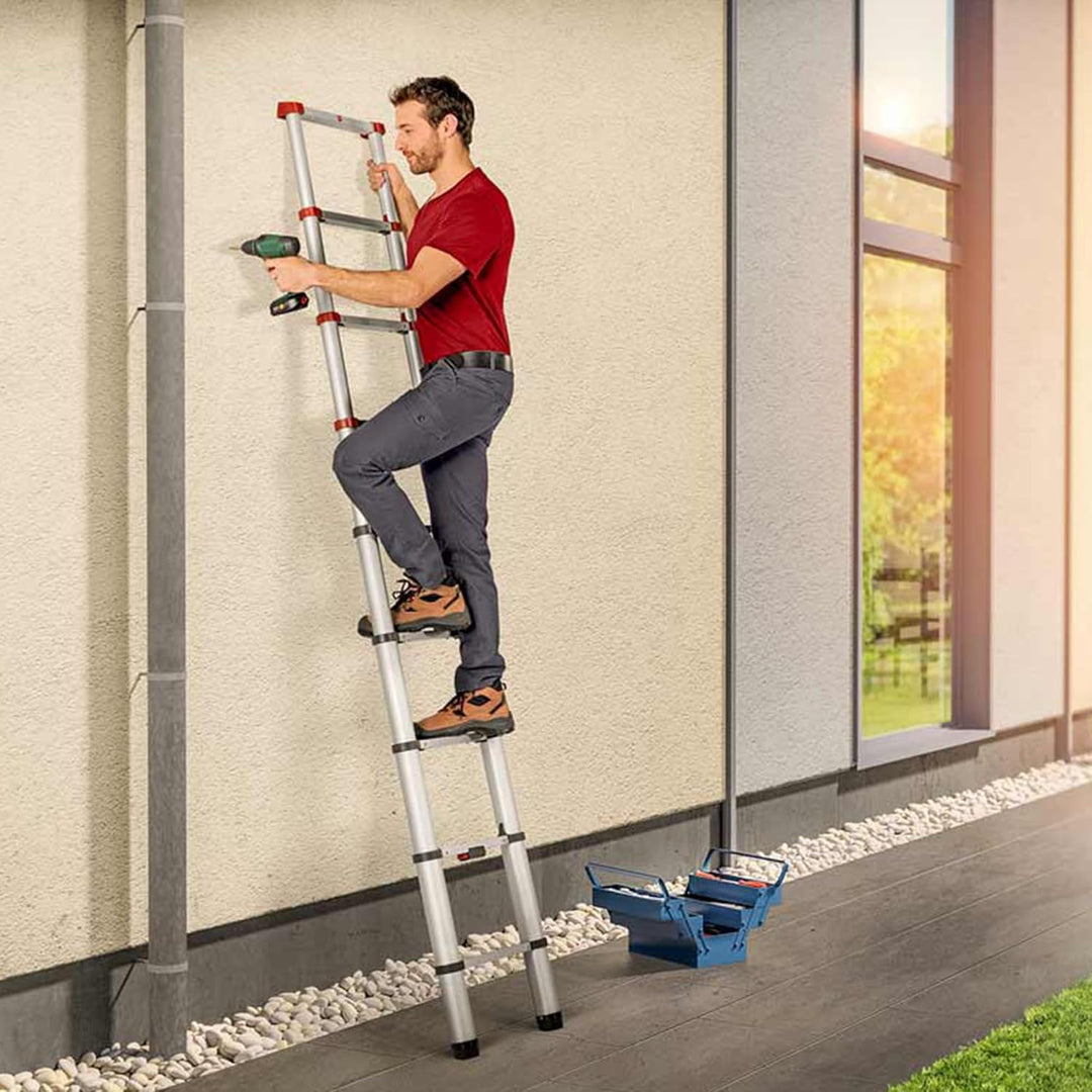Hailo T80 FlexLine Alu Sicherheits-Teleskopleiter - ausziehbare Anlegeleiter mit 11 Sprossen - Arbei