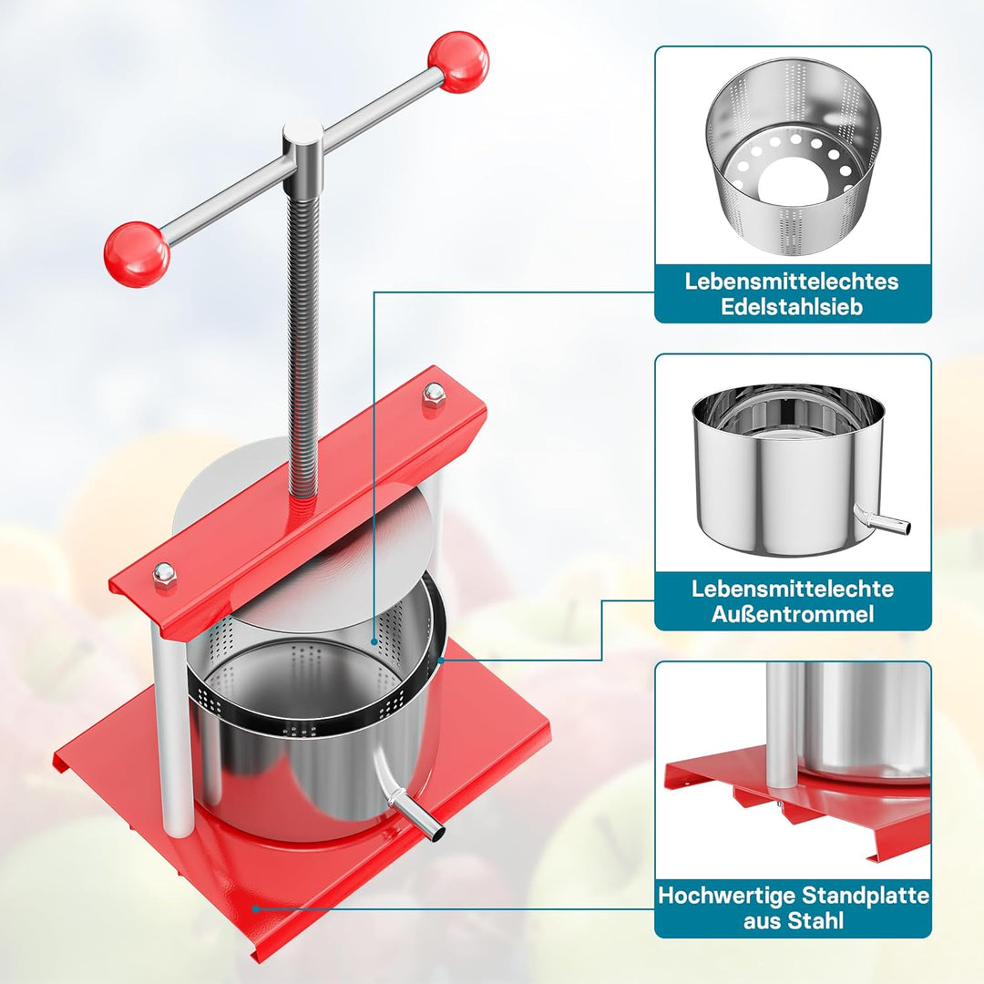 Wiltec Obstpresse 6L Weinpresse aus Stahl Edelstahlkorb Fruchtpresse mit 2-armigen Drehgriff Saftpre