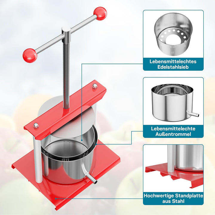 Wiltec Obstpresse 6L Weinpresse aus Stahl Edelstahlkorb Fruchtpresse mit 2-armigen Drehgriff Saftpre