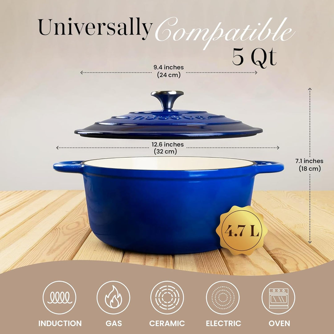 Gusseisen Dutch Oven mit Deckel – Emaille-Topf mit Antihaft, Ofenfest bis 260°C – Dunkelblau, 4.7 Li