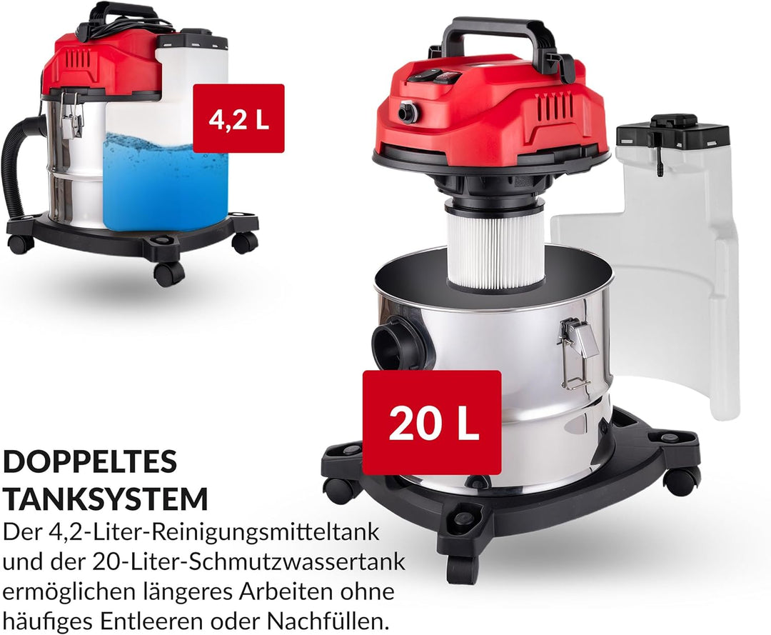 LEHMANN Waschsauger mit 20L-Behälter - 1600W - Polsterreiniger Gerät mit HEPA-Filter - 4,3L Reinigun