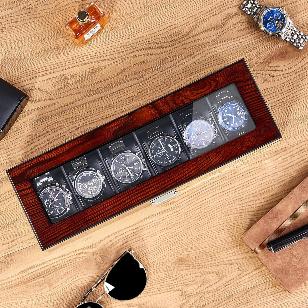 BEWISHOME Uhrenbox aus Holz für Herren – Luxus-Uhrengehäuse, Echtglas-Oberseite, glattes Kunstleder