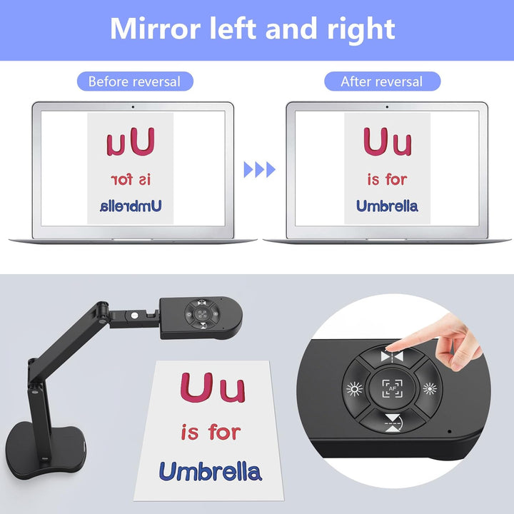 8MP Dokumentenkamera & Webcam 4K, 2448P Visualizer, Vorlagen bis A3 mit 3-Stufen-LED-Licht, Bildumke