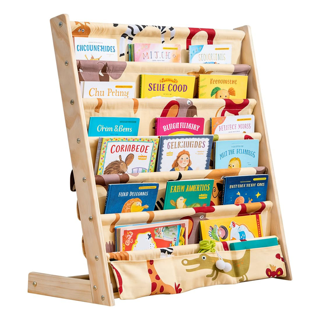 Kinder Bücherregal, 75x 30 x 79 cm Montessori Bücherregal mit 6 Ebenen und Stofffächern, Offenes Kin