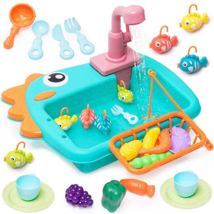 Küchenspüle Spielzeug Set mit Angelspiel Warmwasserhahn Farbwechsel Geschirr| Play Kochherd, Kochges