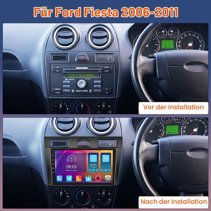 Hodozzy Android 2G+64G Autoradio für Ford Fiesta 2006-2011 Con Wireless Carplay Android Auto Mirror