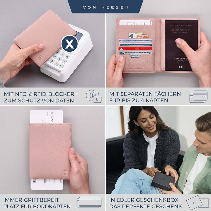 VON HEESEN® Reisepasshülle Leder Etui mit RFID-Schutz - Passhülle Passport Reisepass Mappe Hülle Org