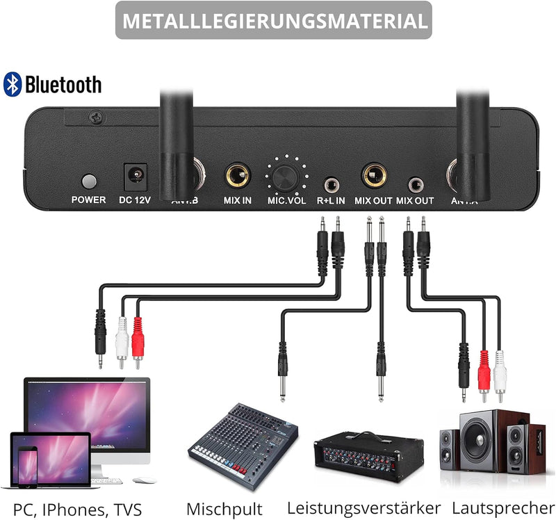 PROZOR Dual Drahtloses Mikrofon Abstimmbares UHF mit Bluetooth Wiederaufladbares Mikrofon Kabelloses