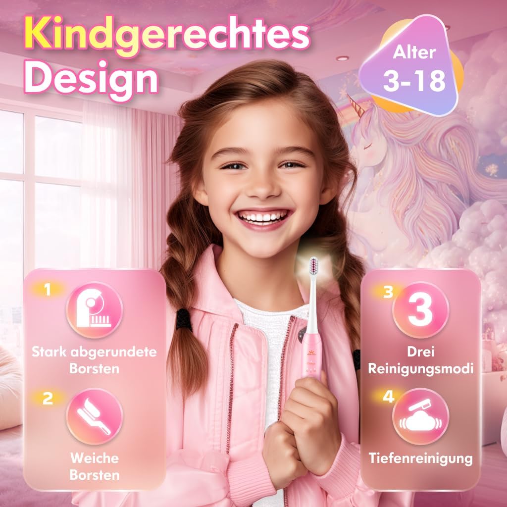Zahnbürste Elektrisch Kinder ab 3-6-10-12 Jahre, Kinderzahnbürste Elektrisch mit Timer Gewohnheitsbi