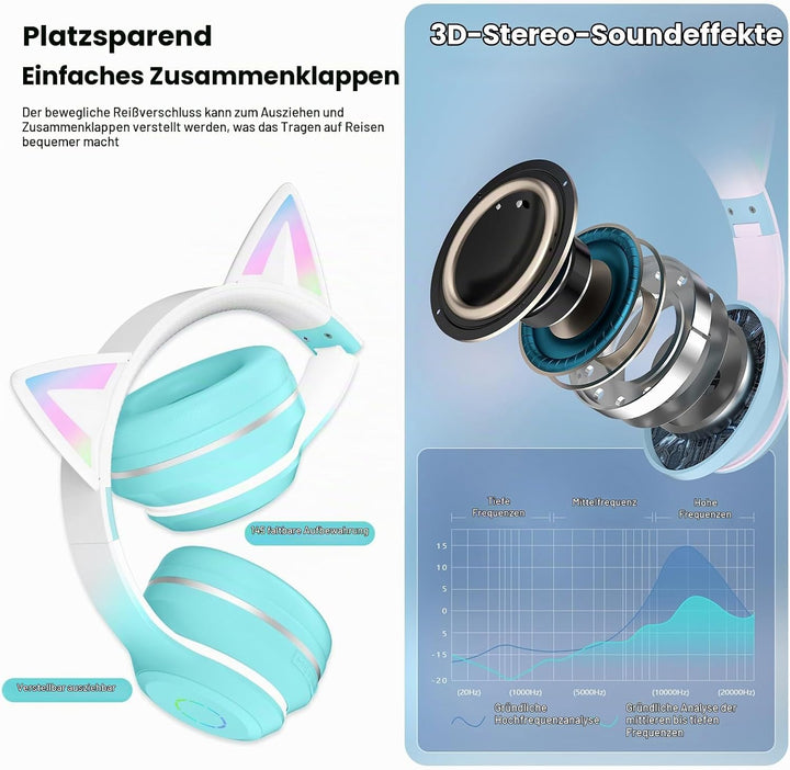 OHAANYY Katzenohr Kopfhörer Kindergeburtstag Geschenke Kind LED Katzenohren Farbgradient Kabellose B
