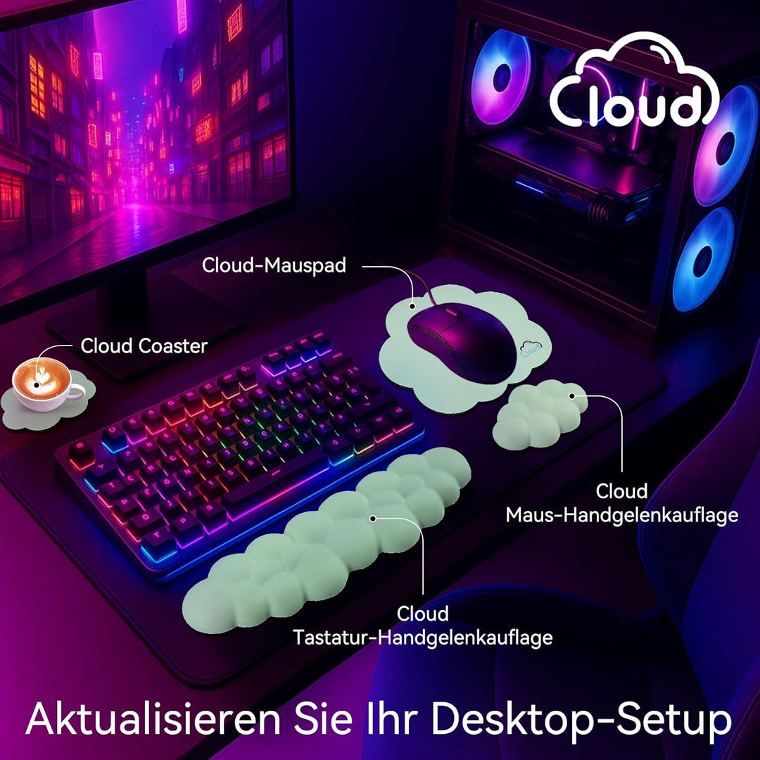 Memory‑Schaum Cloud Handballenauflage Tastatur‑Set, 4‑in‑1: Ergonomische Tastatur Handballenstütze &