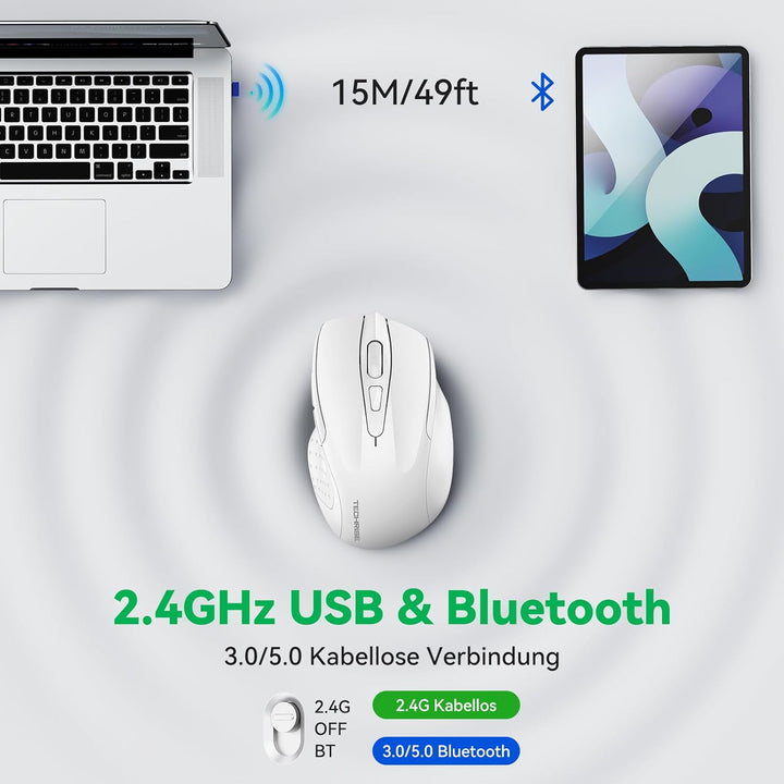 TechRise Bluetooth Maus, 2.4G Maus Kabellos (BT 5.0/3.0 + 2.4G) 4800 DPI Wiederaufladbare Ergonomisc