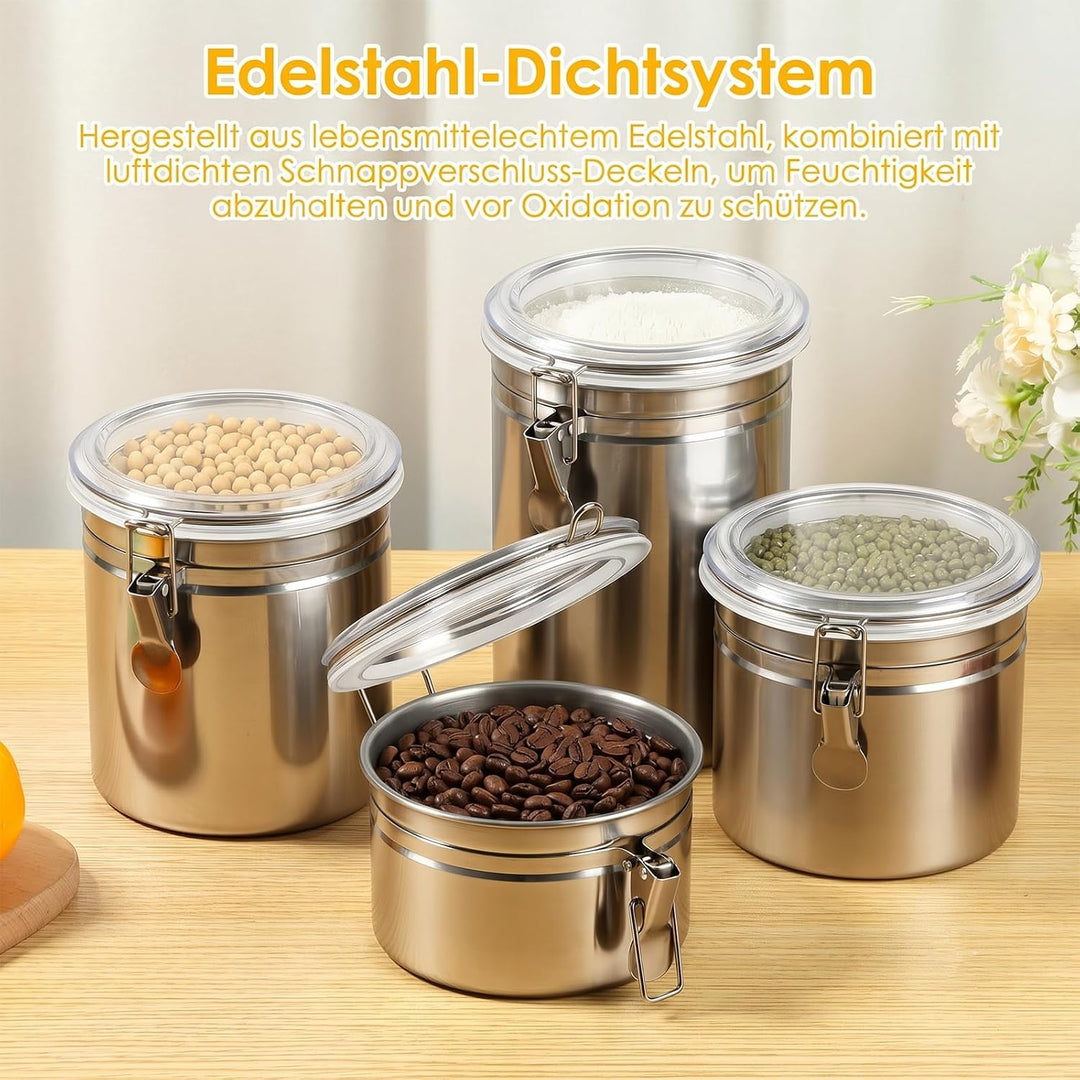 4er Set Edelstahl Kaffeebohnen Behälter mit Deckel für Küche | Kaffeedose luftdicht für 500g/1kg Boh