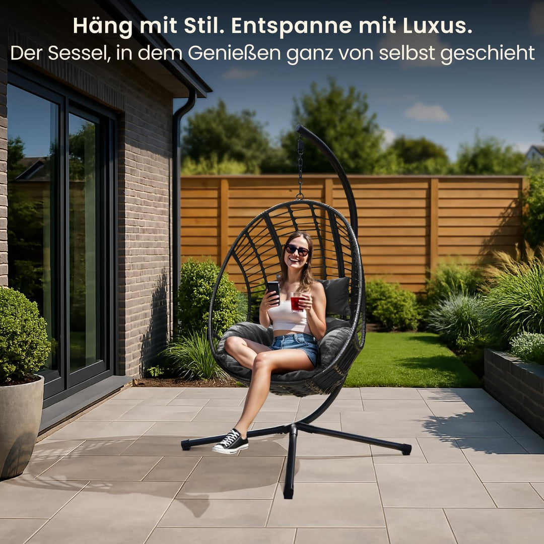 Swoods XXL Hängesessel mit Gestell - Hängesessel Für Indoor und Outdoor - Inkl. Kissen - Egg Chair -