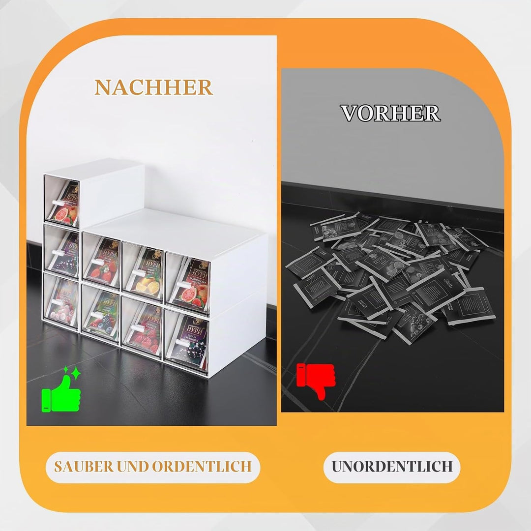 3 Stück Teebox Kunststoff mit 9 Schubladen 22.6x16,5x7,6cm Teebeutel Organizer Stapelbar, Tee Aufbew
