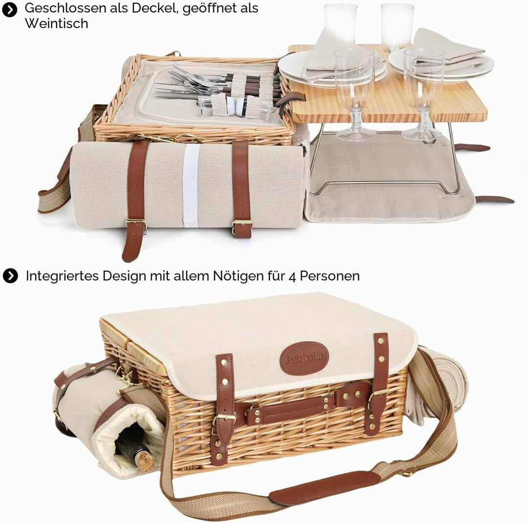 Multifunktionales Picknickkorb-Set aus Weidengeflecht für 4 Personen mit Decke und Picknicktisch, is