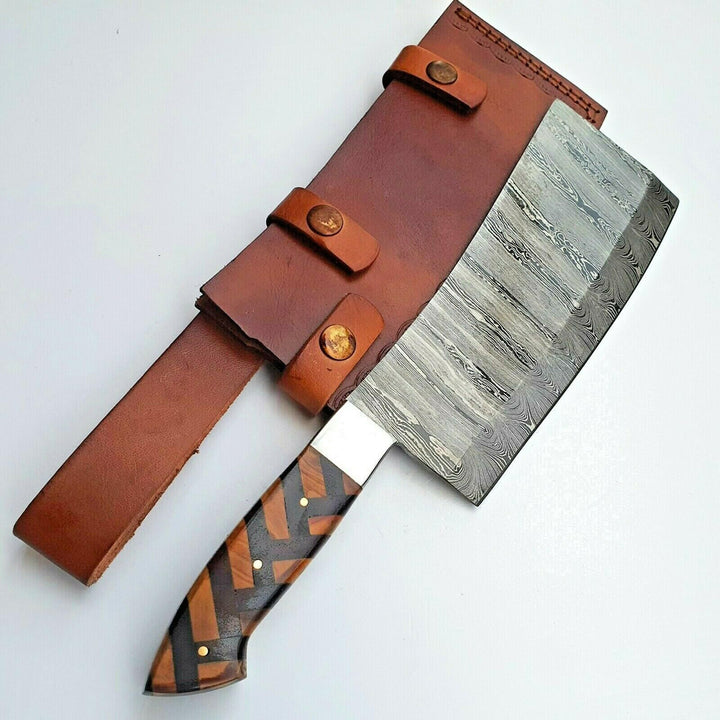 Craftomatik Damast Stahl Hackmesser | Chef Hackbeil Küchenbeil | Metzger Fleischerbeil | Olivenholz