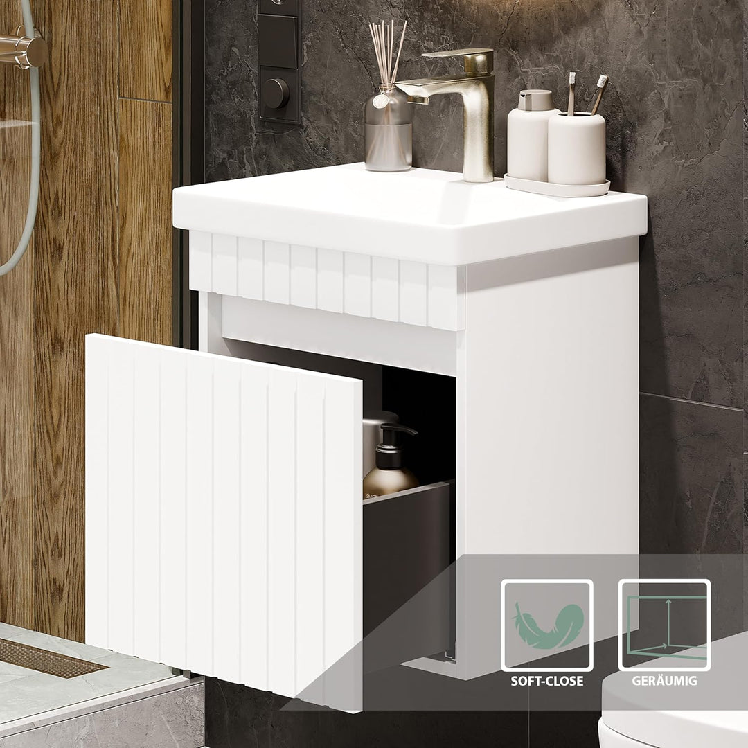 Planetmöbel Cosmia Badmöbel Set Waschbecken mit Unterschrank 50 x 60 x 35 cm Weiss, Armatur Badezimm