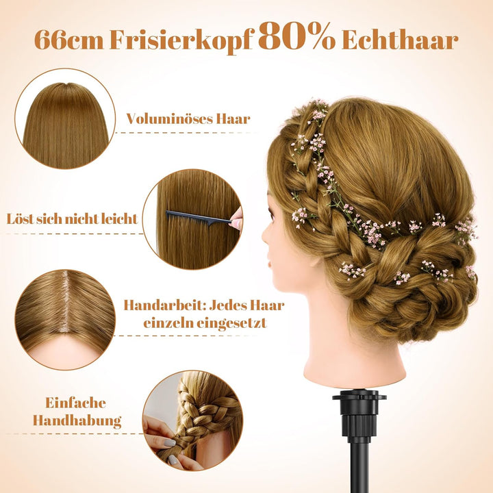 80% echtes menschliches Haarstylingkopf, TwoWin 26 "brauner Friseurkopf, Schaufensterpuppenkopf, Für