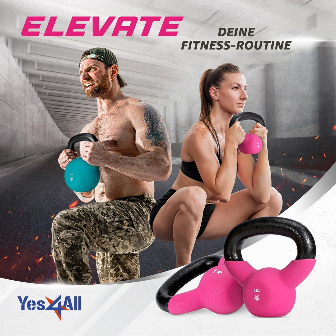 Yes4All 2-20kg Kettlebell aus Gusseisen mit Neopren Beschichtung, Mehrfarbige Kettlebells, Schwungha