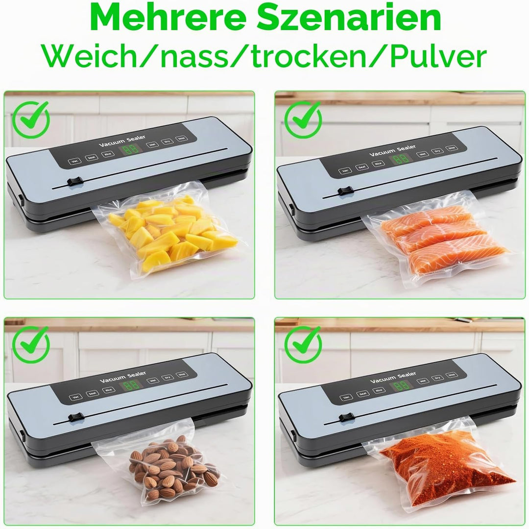 Vakuumiergerät, 6 in1 Vakuumierer mit 50 Vakuumbeuteln, Versiegelungsgerät für Frische, Trockene Leb