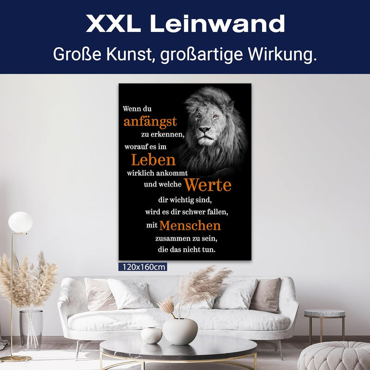 wandmotiv24 Motivations Motiv als Leinwandbild, 60x45cm, Hochformat, welche Werte, Löwe, Orange, Sch