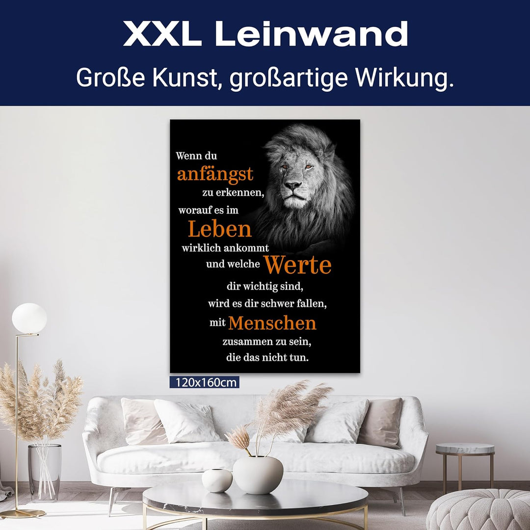 wandmotiv24 Motivations Motiv als Leinwandbild, 80x60cm, Hochformat, welche Werte, Löwe, Orange, Sch