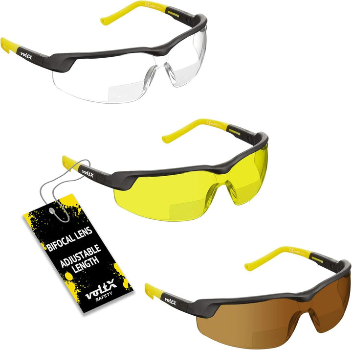 voltX 3 x GT ADJUSTABLE Bifokale Lesen Schutzbrille (KLAR, GELB, BRAUN +1.5 Dioptrie), EN166FT Zerti