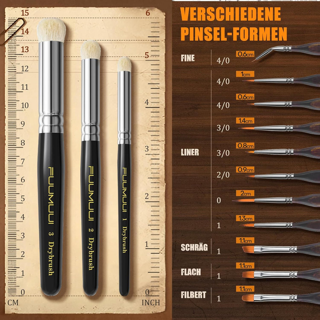 Modellbau Pinsel - 11 Premium Feine Detail Pinselset+3 Drybrush Pinsel für Acryl, Aquarell, Miniatur