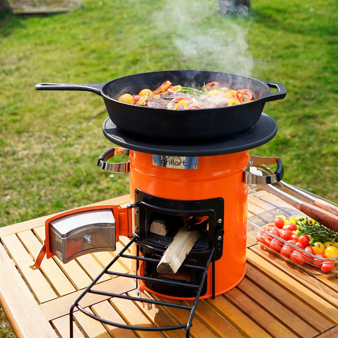 grillart® Raketenofen Outdoor “Powertrain” (mit Tragetasche) orange – effizienter Holzofen als Campi