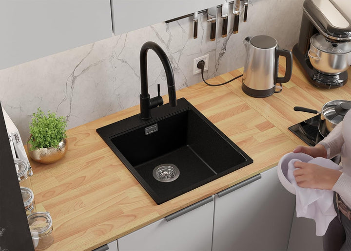Granitspüle Schwarz 43x50cm, Spülbecken 1 Becken + Ablauf-Set + Küchenarmatur + Schneidebrett, Küche