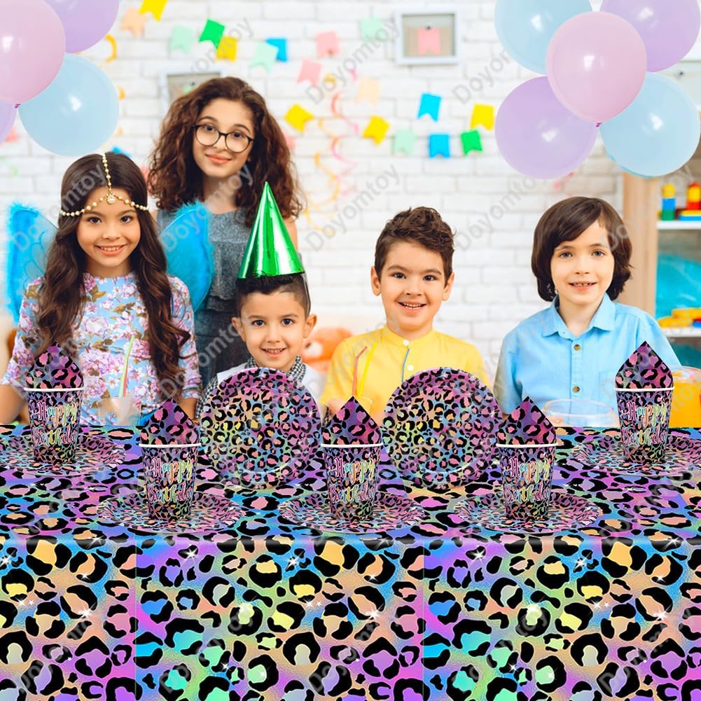 Doyomtoy Leopard Geburtstag Deko, 61 Stück Regenbogen Neon Leoparddruck Partygeschirr Geburtstag Par