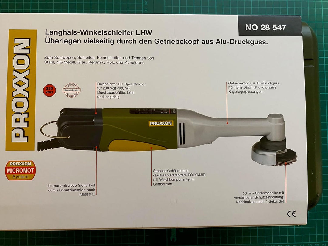 PROXXON Langhals Winkelschleifer LHW Set - inklusive Schleifscheibe aus Edelkorund, Lamellen-Schleif