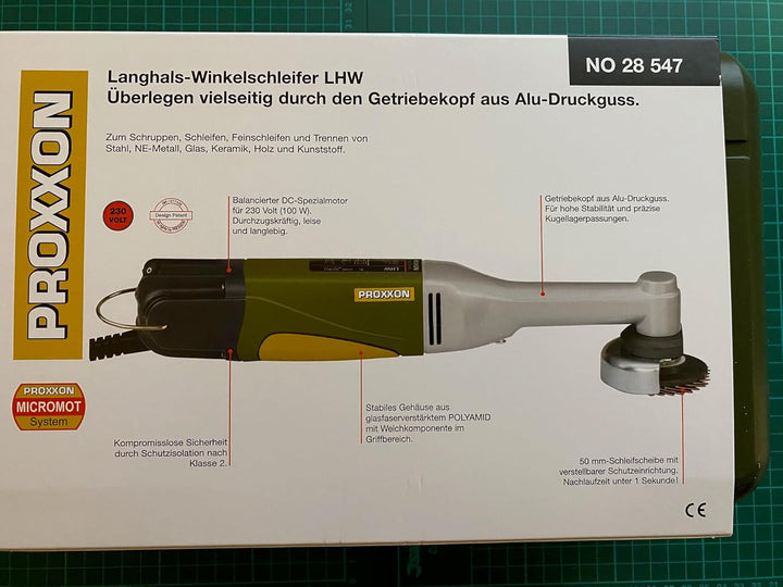 PROXXON Langhals Winkelschleifer LHW Set - inklusive Schleifscheibe aus Edelkorund, Lamellen-Schleif