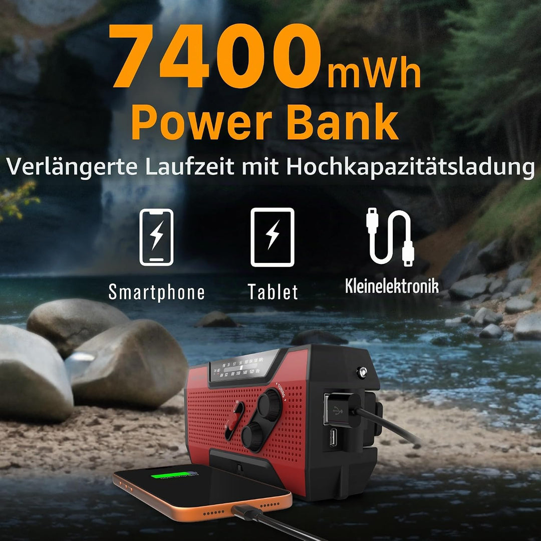 FosPower - Notfallradio NOAA/AM/FM mit 7400mWh Tragbare Powerbank - Aufladung per USB/Solar/Handkurb