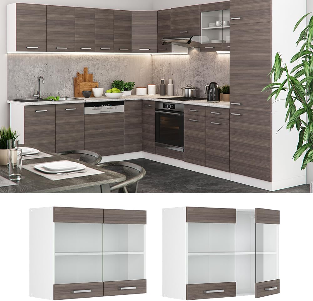 Vicco Küchenschrank Glas R-Line, Grau/Weiss, 80 cm Grau Hängeglasschrank 80cm, Grau Hängeglasschrank