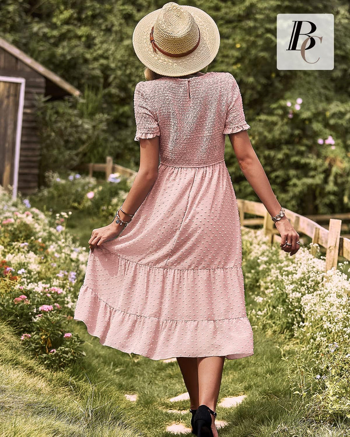 BebreezChic Damen Sommerkleid Rundhals Kurzarm Puffärmel Gerüschter Gerafftes Freizeitkleid mit Hohe