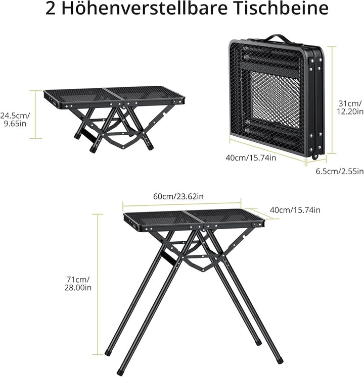 Anbte Campingtisch Grilltisch 60x40cm Metallgitter Tischplatte X-Rahmen Design mit 2 Verstellbare Hö