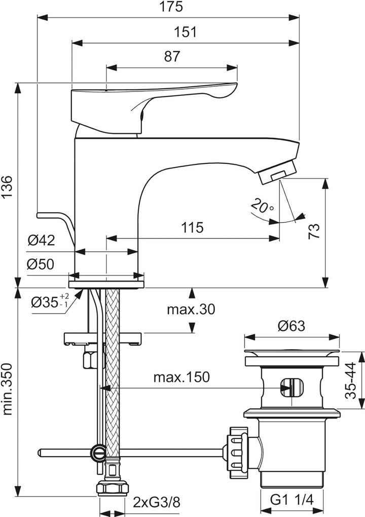 Ideal Standard BC647AA Alpha Waschtischarmatur mit Zugknopf-Ablaufgarnitur Mit Stange zur Steuerung