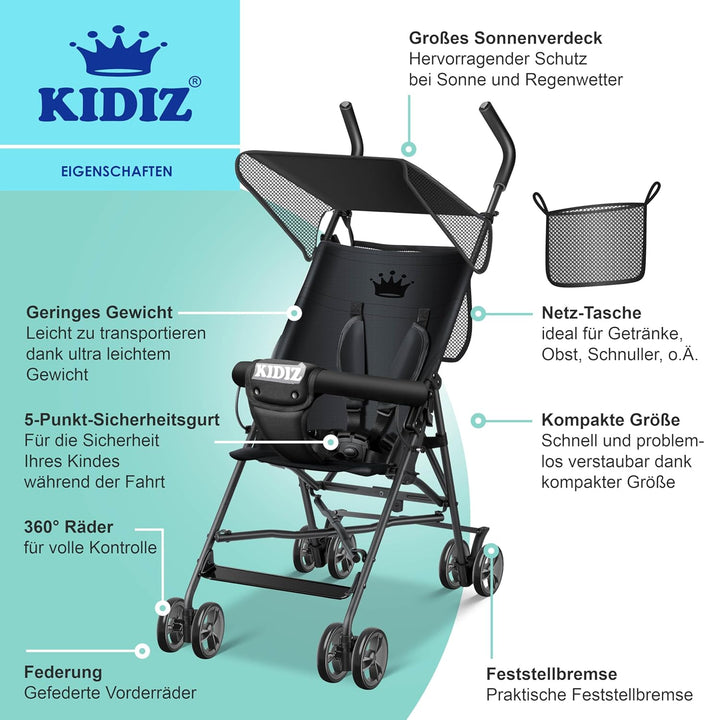 KIDIZ® Kinderwagen CITY Buggy Kinderbuggy klappbar Sportwagen Faltbar 360° 4-Zoll-Räder Inkl. Sonnen
