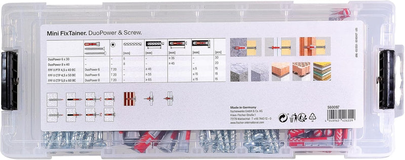 fischer Mini FixTainer DuoPower mit PowerFast II Spanplattenschraube, Dübelbox mit 95 Schrauben und