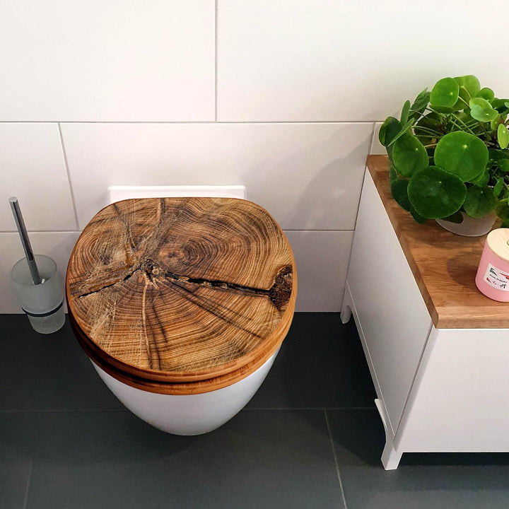 banjado® Design WC Sitz Bambus Absenkautomatik mit Motiv Jahresringe/Toilettendeckel mit Absenkautom