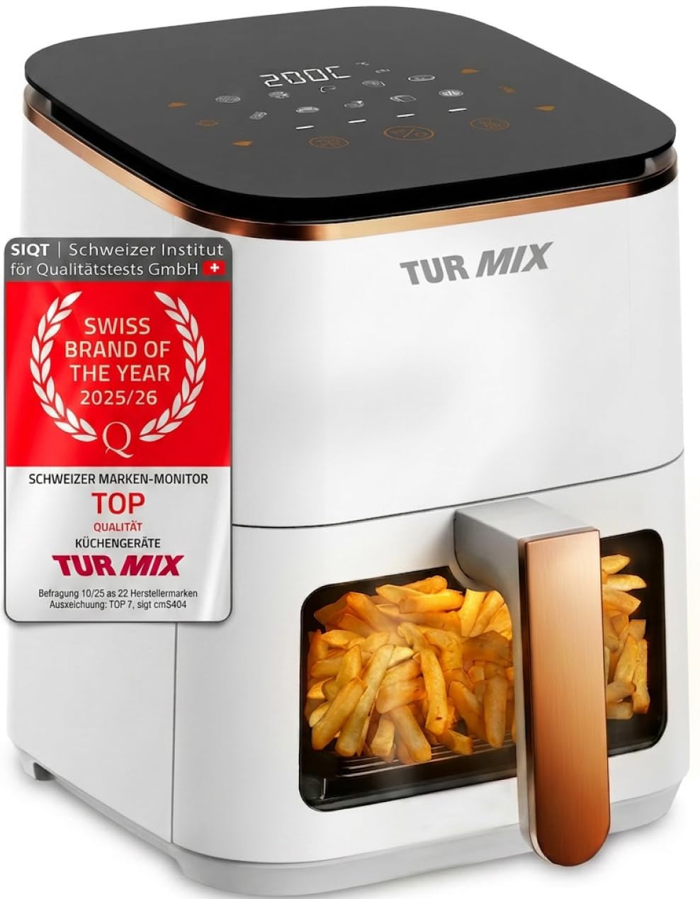 Preisgekrönt Heissluftfritteuse weiss TURMIX CX 250 - Compact 3.5L Airfryer 1350W Transparentes Fens