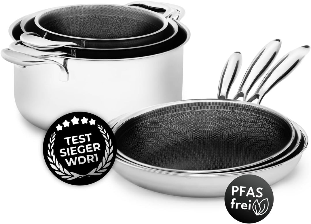 Onyx Cookware Pfannenset & Kochtopfset – 6-teilig | 3 Bratpfannen 24/26/28 cm & 3 Kochtöpfe 20/24/28
