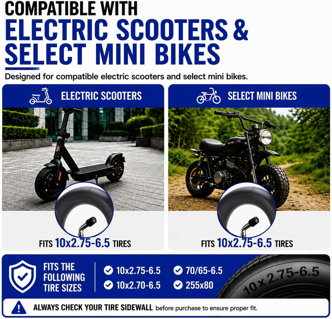 (2-Pack) 10x2.75-6.5 Thicker Inner Tubes with CR202 100°Angled Valve for Electric Scooters & Mini Bi
