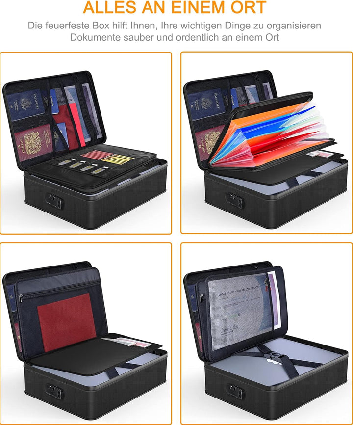 JUNDUN feuerfeste Dokumententasche mit Schloss, Aufbewahrungsbox mit 7 Fächern, Akten-Organizer, tra